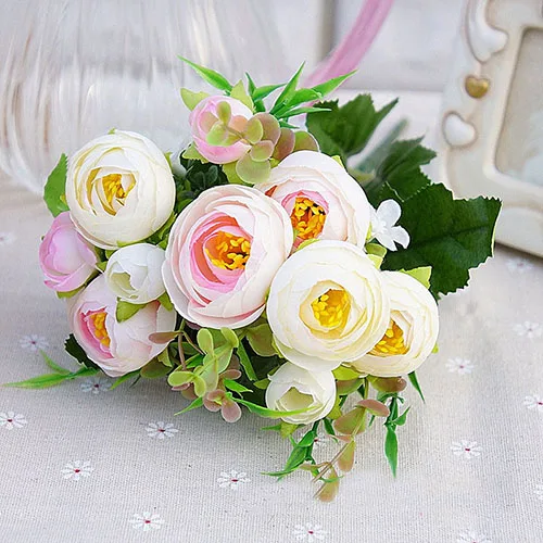 Light-Pink 10 голов/1 Набор искусственных цветов, шелковые Чайные розы, букет невесты, Роза Флорес для дома, свадьбы, Нового года, Декор, искусственные розы, цветы - Цвет: Light-Pink