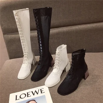 

Women 2020 Summer Mesh Boots Lace Up Knee High Boots Luxury Square Low Heels Hollow Cross Strap Designer White Long Boots Shoes