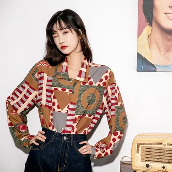 

iMucci 2020 Vintage Printing Personality Shirts Turn-down Collar Long Sleeves Loose Big Size Korean Spring Women Blouse TM1325