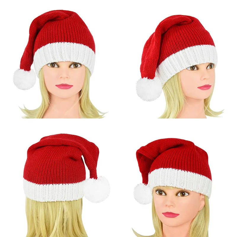 Christmas Beanie Hat Red Knitted Christmas Hat Cute Pompom Santa Claus Cap Warm Crochet Beanie Hat For Mom Baby Xmas New Year Party Gift Navidad