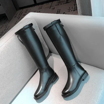 

Concise Genuine Leather Tow Heels Women Vintage Knee High Boots Party Prom Shoes Woman Winter Side Zipper Long Boots