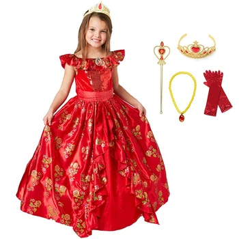 

Elena Deluxe Princess Dress Girls Fancy Costume Children Printed Floral Sequin Red Gown Avalor Kids Elena Adventure Clothing