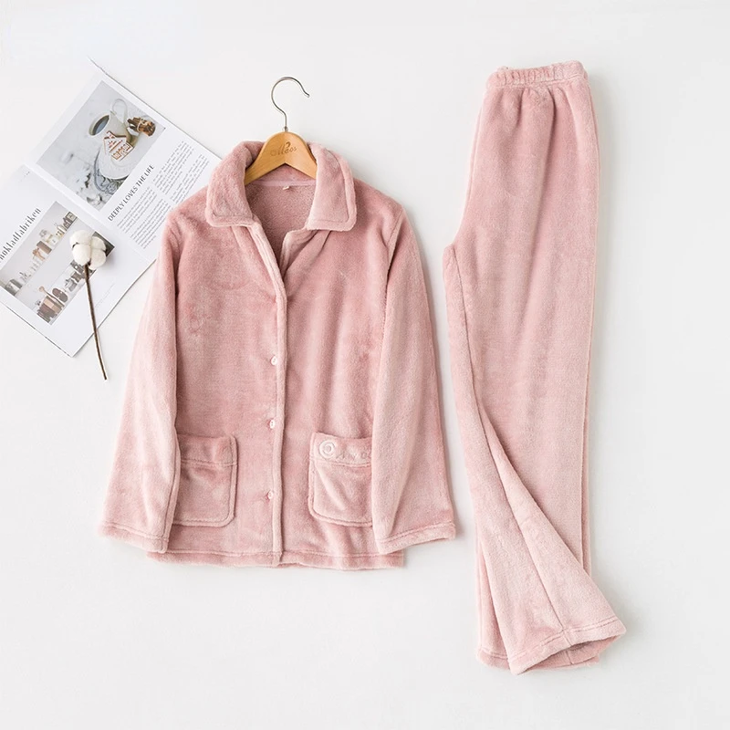 

Winter Flannel Simple Womens Pajamas Long Sleeve Trousers Princess Home Clothes Embroidered Sleepwear Pink Loose 2 Piece Sets
