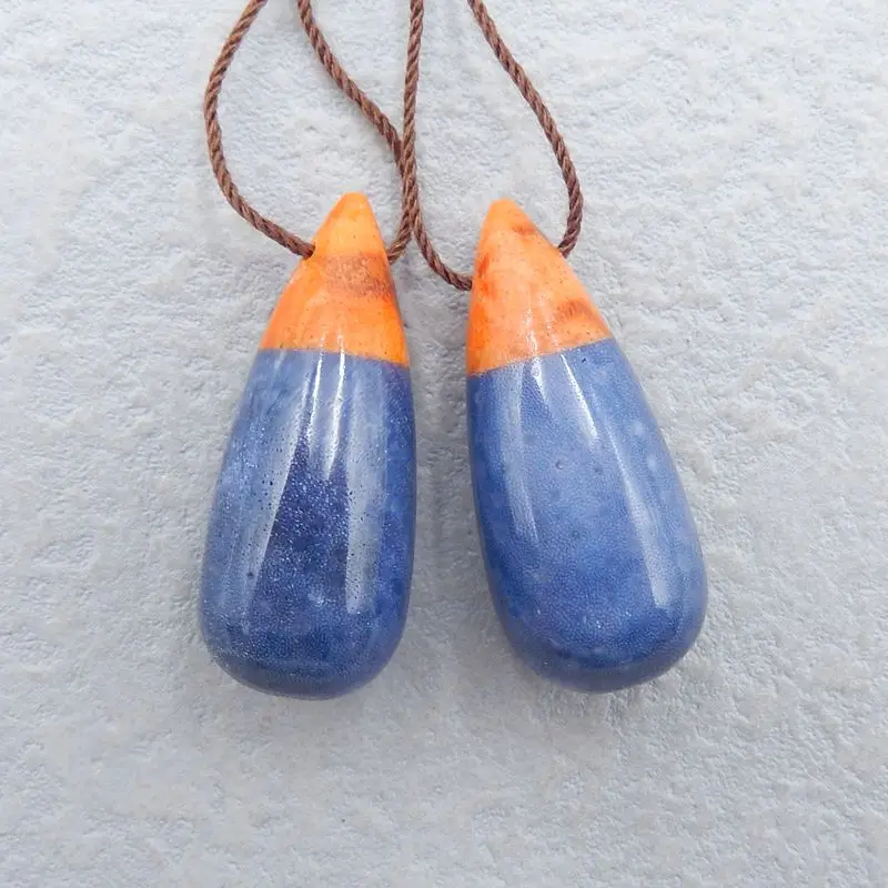 Natural Stone Orange Coral With Blue Coral Fashion Earrings For Women 31x13mm 12g