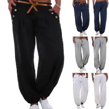 

Fashion Lady Casual Solid Color Button Harem Pants Yoga Trousers with Waistband Polyester + Spandex Loose Size S-5XL Harem Pants