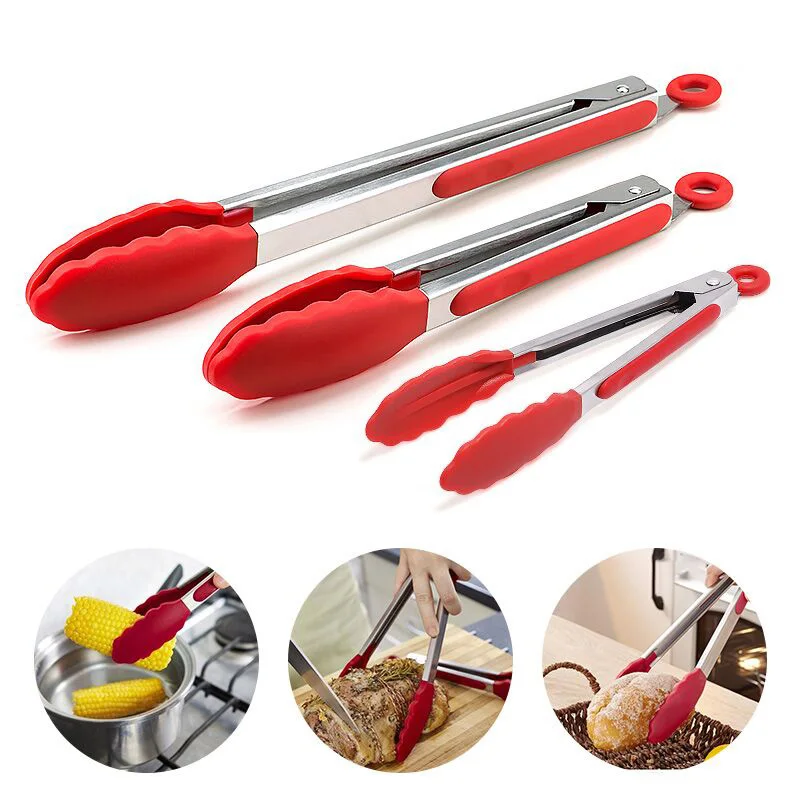 Silicone Kitchen Cooking Salad Serving BBQ Tongs Stainless Steel Handle Utens Pn 