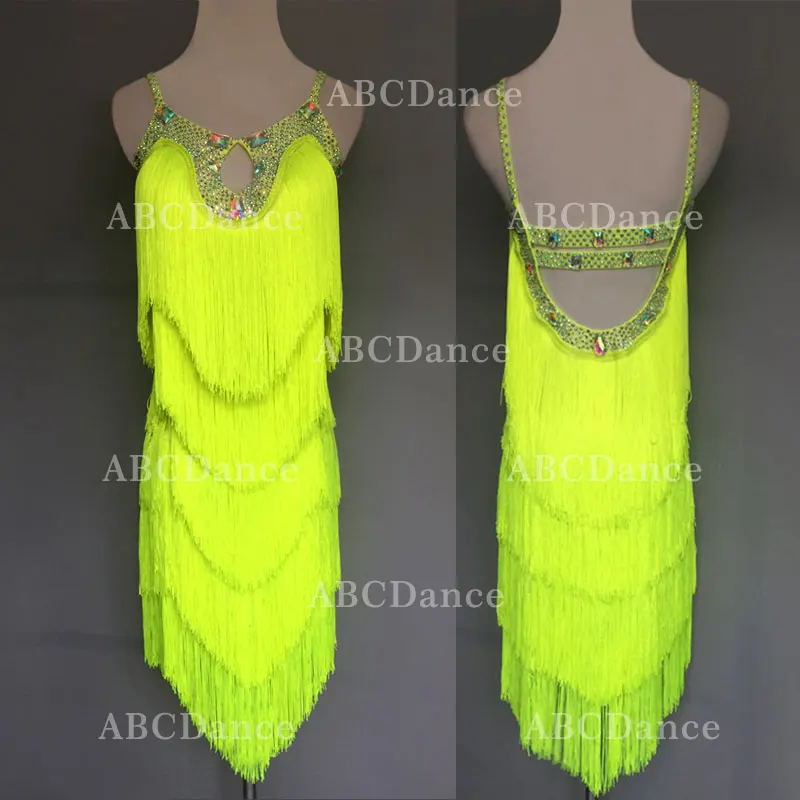 

Yellow multi-layer tassel latin dance dress rhinestone Ballroom Tango Samba Rumba Salsa Competition Dresses party rave wear