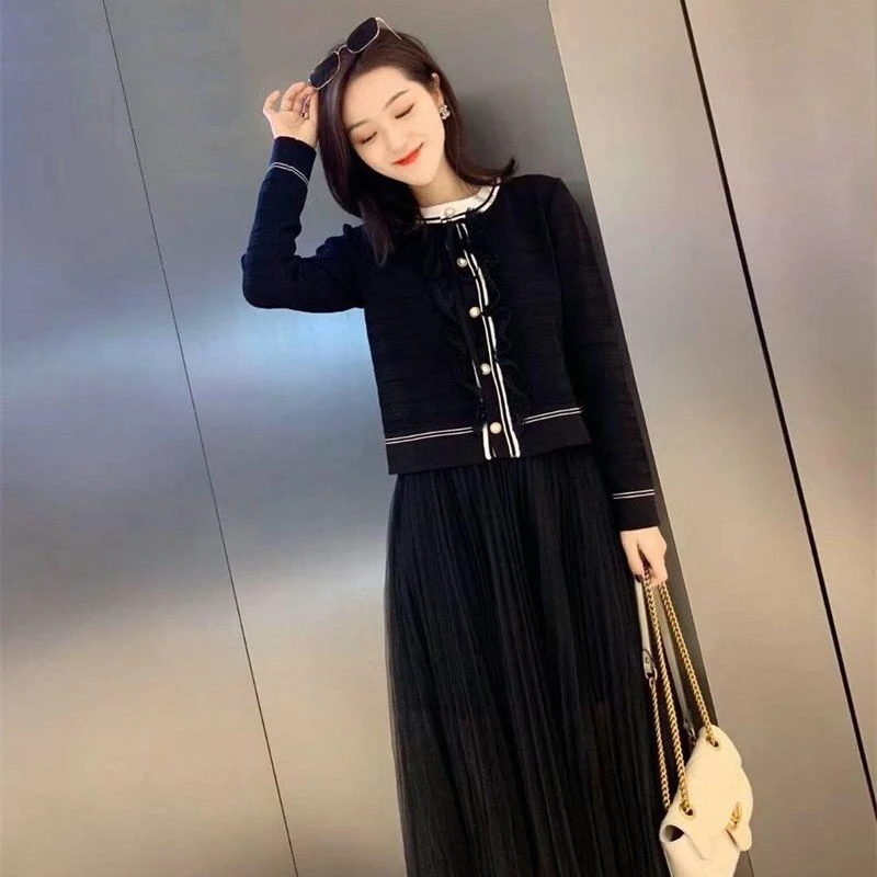 

Tunjuefs Slim Fit Lace Up Bow Fake Lace Cardigan Women Sweater Coat Long Sleeve Elegant Ruffles Knitted Top Striped Outwear