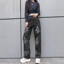 

2021 Blue Black Vintage Butterfly Printed Baggy Jeans Women Casual High Waist Wide Leg Pant Denim Cargo Pants Fashion Streetwear