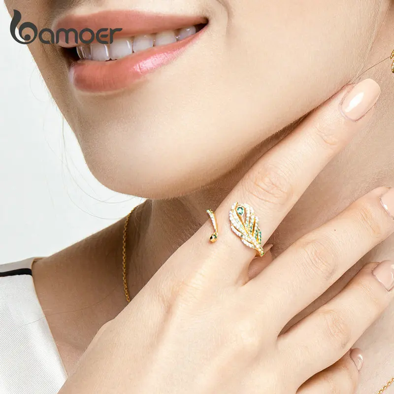 Bamoer перо павлина королева открытые, кольца на палец роскошные 925 пробы цвет серебристый, золотой цвет свадебные массивные украшения BSR067