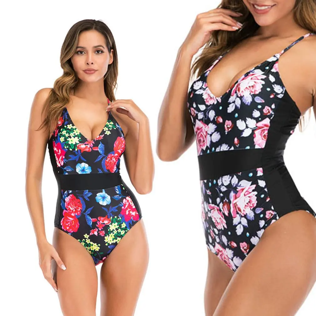 

New Sexy Rose Printed Mesh Sexy Women Swimming Bodysuit One Piece Swimsuit Sexy Ruched Slim Bathing Suit For Female