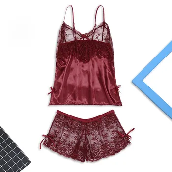 

Women sexy lace satin suit pajamas sexy lace satin sexy pajamas casual camisole short suit Large size pajamas пижама женская 40*