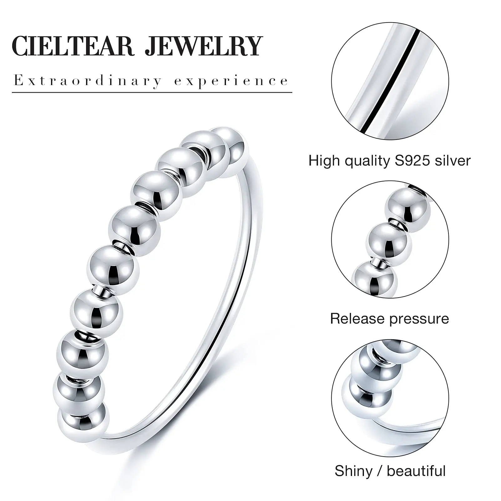 925 Sterling Silver Fidget Beads Ring For Women Men Rotate Freely Anti Stress Anxiety Ring INS Simple Style Lady Fashion Jewelry