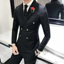 Slim Fit Мужские свадебные костюмы черный смокинг жениха деловые костюмы мужской блейзер с заостренным отворотом жениха на заказ 2 шт.(пальто+ брюки