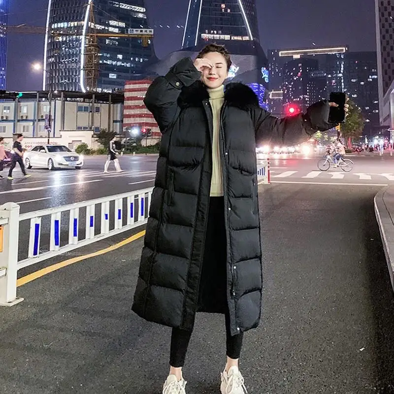 

Winter Long Jacket Women Parka Oversize Thick Warm Down Cotton Coat Padded Loose Hooded Fur Collar Jacket Outerwear