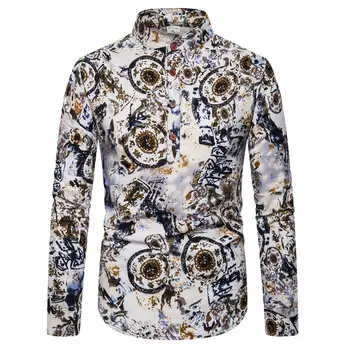 

Long Round graffiti New model Shirts Men Blouse Stand collar Unique button design Linen Shirts Men's clothes