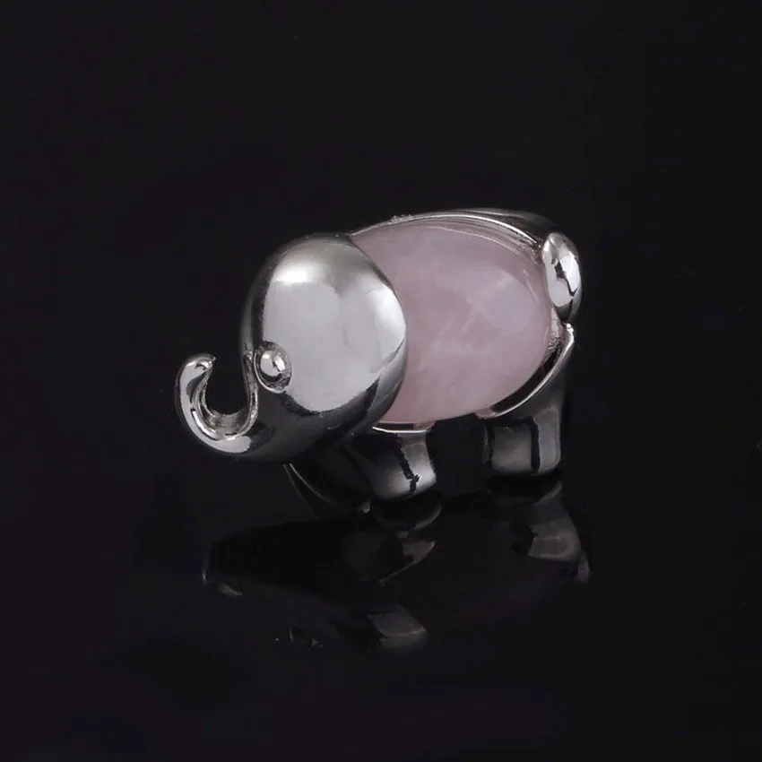Kraft-beads Silver Plated Elephant Shape Natural Rose Pink Quartz Resizable Finger Ring For Women Jewelry