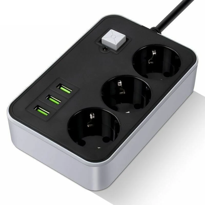

EU Plug Household Charger Power Strip Universal Extension Cord Charging Ports Overload Protection EU Plug 3 USB Ports Socket 10A
