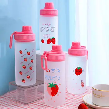 

500ml Cute Cartoon Strawberry Glass Water Bottle with Straw Girl Portable Drinking Bottles Student Milk Juice Tumbler Coffe Cup