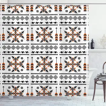 

Tribal Shower Curtain, Pattern Composition with Birds and Arrows Geometric Design, Cloth Fabric Bathroom Decor Set with Hooks