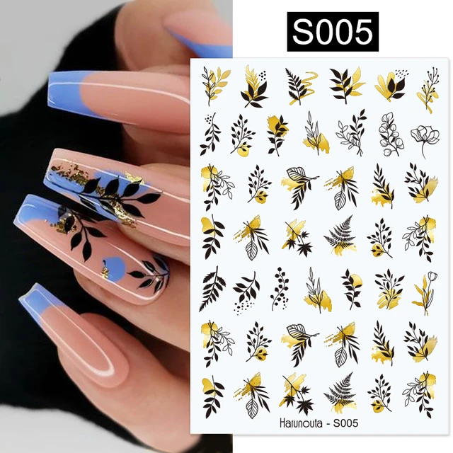 1PC Lines Maple Leaves Nail Foil Stickers Autumn Gold Flower Leaves Transfer Decals Slider Nails Art Decoration DIY Manicures S005