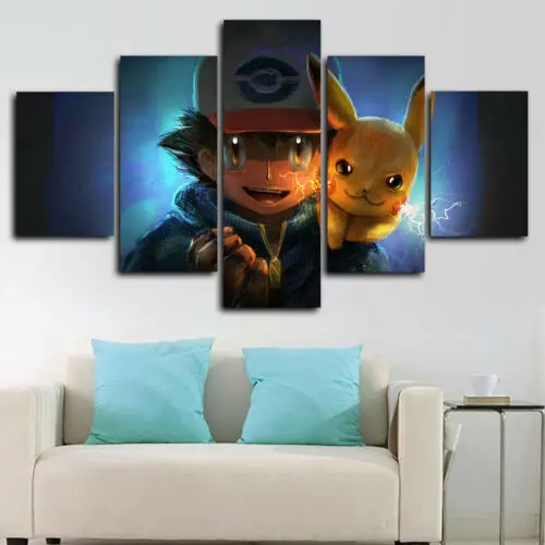 

Ash and Pikachu Pokemon Posters 5 Panels Modern Canvas Artwork Pictures to Photo Paintings Wall Art Decor Living Room Frame