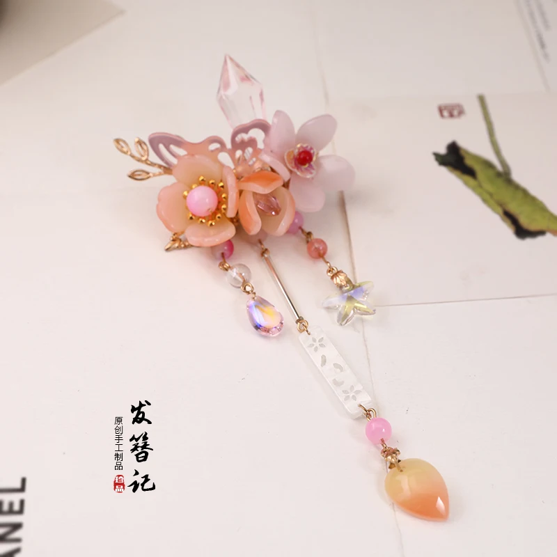 vintage pink butterfly stone handmade Hair clip tassel Hair pin child hair sticks accessories Headwear for kimono hanfu COSPLAY
