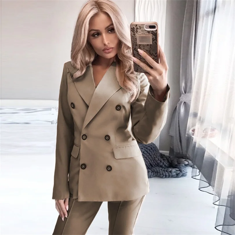 TYHRU Women Autumn Solid Color Lapel Long Sleeve Double Breasted Blazer Pants Two-piece Women's Costume