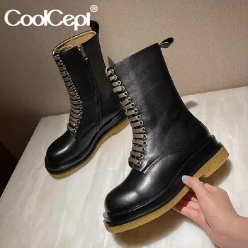 

CoolCept Genuine Leather Women Boots Cross Strap Flats Winter Shoes Woman Zipper Fashion Office Lady Daily Footwear Size 34-40