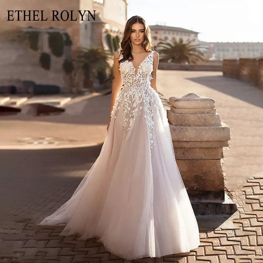 Ethel Rolyn Sexy Vestidos De Novia Con Espalda Descubierta 2020 Vestido De Novia Champagne Boho A Line Cuello En V Tul 3d Encaje Flores Vestido De Novia Aliexpress