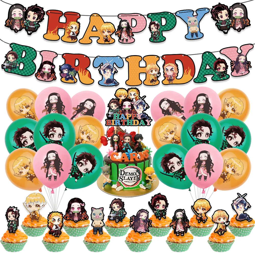 1set Demon Slayer Kimetsu No Yaiba Balloons Anime Birthday Banner Cake Topper Baby Shower Party Decorations | Дом и сад