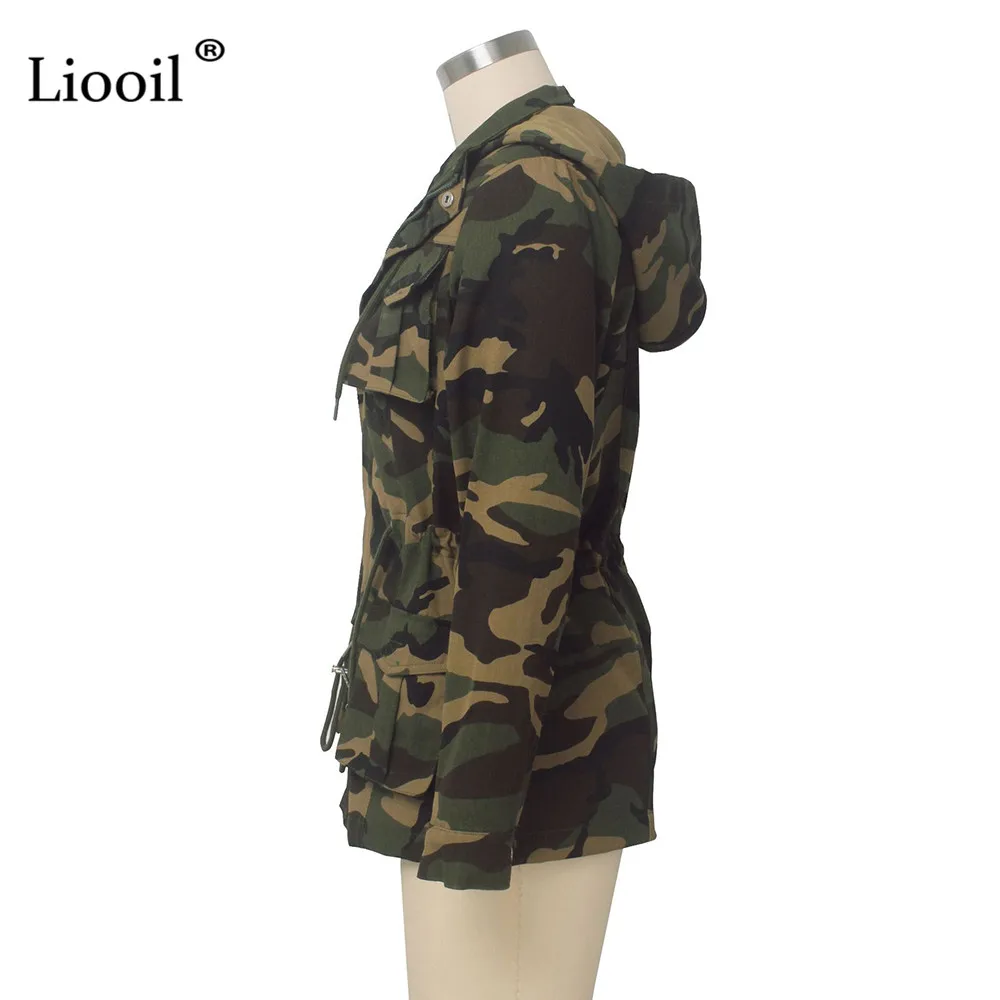 Liooil, камуфляжные сексуальные Пиджаки и жакеты, женская одежда, осень, уличная одежда, длинный рукав, с капюшоном, на молнии, с карманами, длинное женское пальто