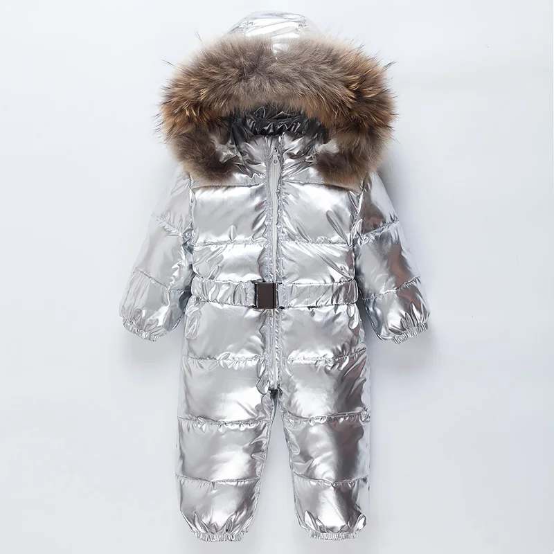 

Winter baby down jackets Little boy's silver down jumpsuit Little girl waterproof warm snow suit Natural raccoon fur collar 0-2T
