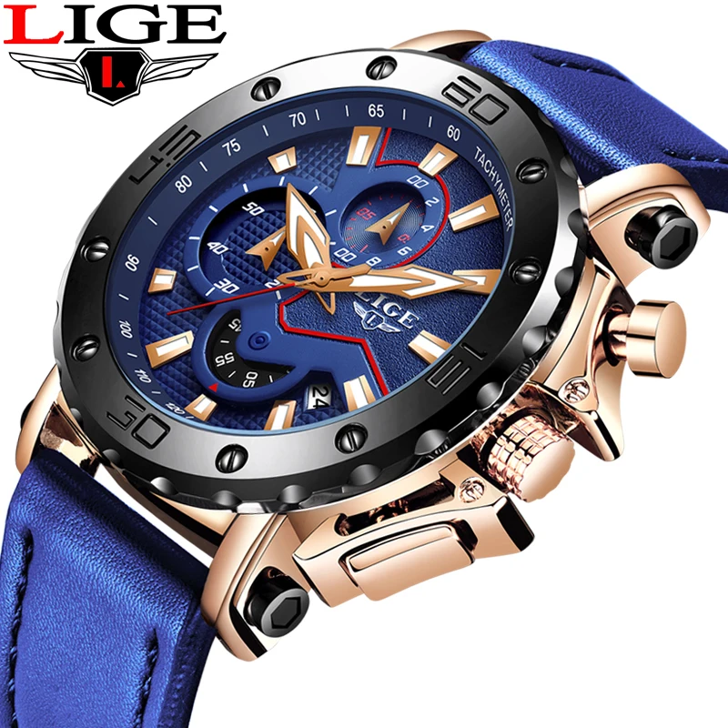 

LIGE New Mens Watches Top Brand Luxury Big Dial Chronograph Sports Watch Men Waterproof Leather Quartz Watch Relogio masculino
