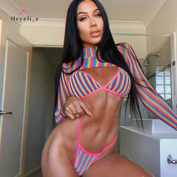 

Sexy Stripe Bikinis Swimwear Women 3PCS Bikini Set Swimsuit With Long Sleeves Brazilian Biquini Thong Bikini Beach New Swim Wear