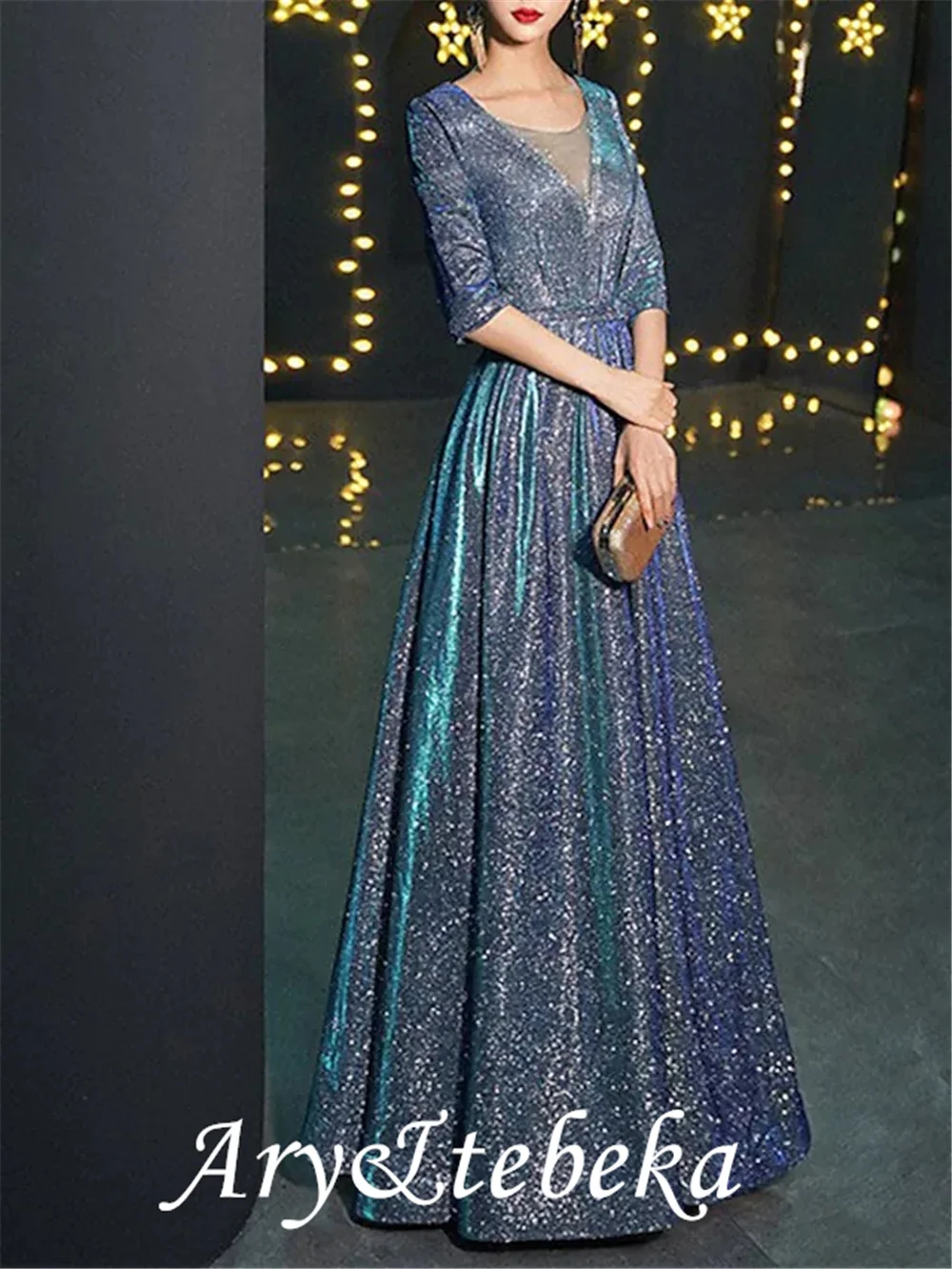 A-Line Mother of the Bride Dress Elegant Sparkle & Shine Jewel Neck Floor Length Satin Tulle Half Sleeve with Sequin mother bride dresses
