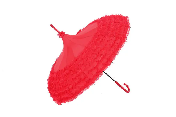 Windproof College Style Rain Or Shine Dual Purpose Plastic Handle Straight Pole Lace Ladies' Red Umbrella Factory Direct Selling
