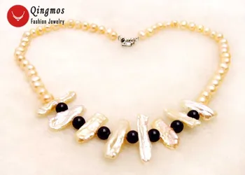 

Qingmos Natural 20mm Pink Biwa Pearl Pendant Necklace for Women with 6-7mm Round White Pearl & Black Agate Necklace 17'' Chokers