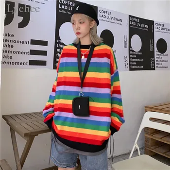 

Lychee Harajuku Rainbow Stripe Women Sweaters Crew Neck Loose Female Knitted Jumpers Tops Casual Spring Autumn Lady Pullovers