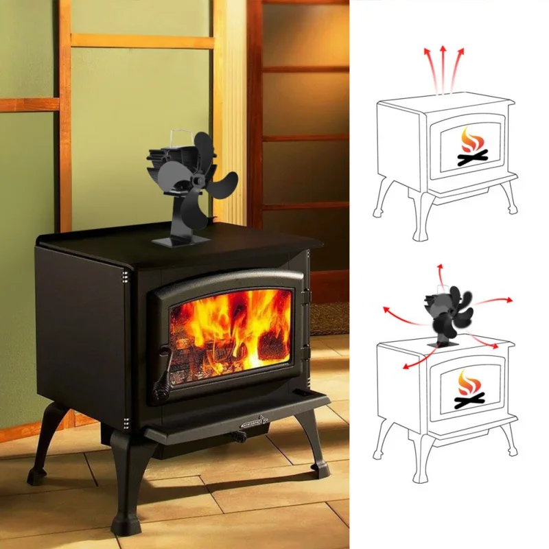 

Household Black Fireplace 4 Blade Heat Powered Stove Fan Log Wood Burner Eco Friendly Quiet Fan Home Efficient Heat Distribution
