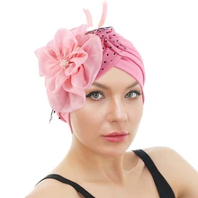 

Women Ruffle Lace Mesh Feather Big Flower Turban Hat Gorgeous Dress Accessories Hat Headwrap Ladies Wedding Party Hat Chemo Cap