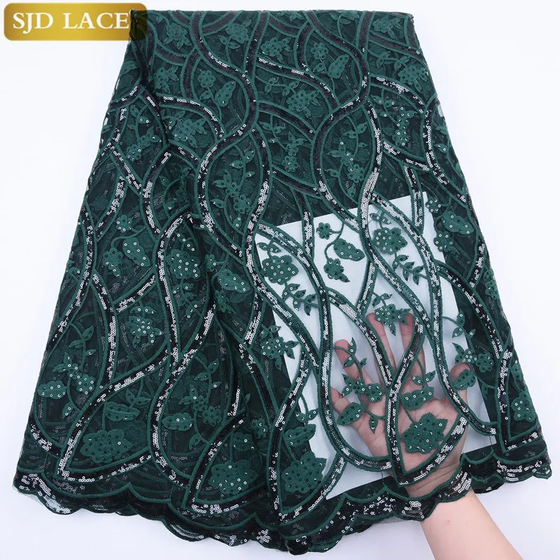 SJD LACE Fashion Pure White French Tulle Lace Fabric With Sequins Lace Soft Milk Silk Nigerian Mesh Lace Fabric For WeddingA1777 - Цвет: darkgreen