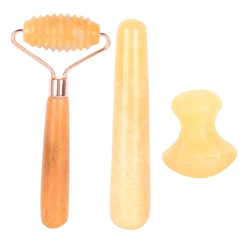

Yellow Jade Face Care GuaSha Tool Set Natural Stone Sawtooth Roller Mushroom Massage Wand Health Neck Beauty Skin Detox Massager