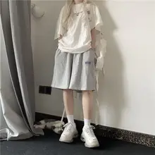 Pantalones cortos hasta la rodilla para hombre y mujer, pantalón holgado de cintura alta, estilo coreano bf, verano 2021