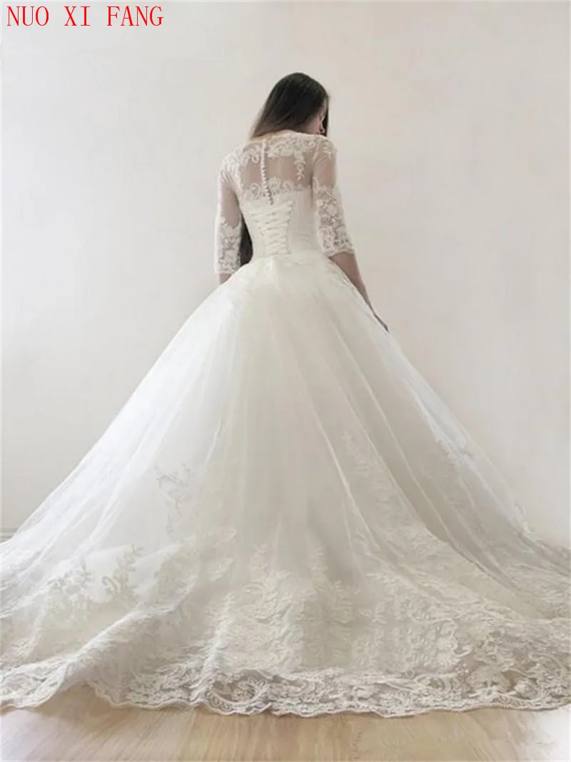 Gorgeous Ball Gown Wedding Dresses Sheer Neck Half Sleeves vestidos de noiva Appliques Lace Tulle Wedding Gowns Bridal Dresses