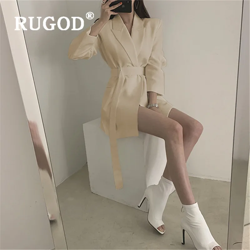 RUGOD/Новинка года; осенние винтажные сплошные блейзеры для женщин; Свободная Женская Офисная куртка со шнуровкой; Модная элегантная женская куртка в Корейском стиле