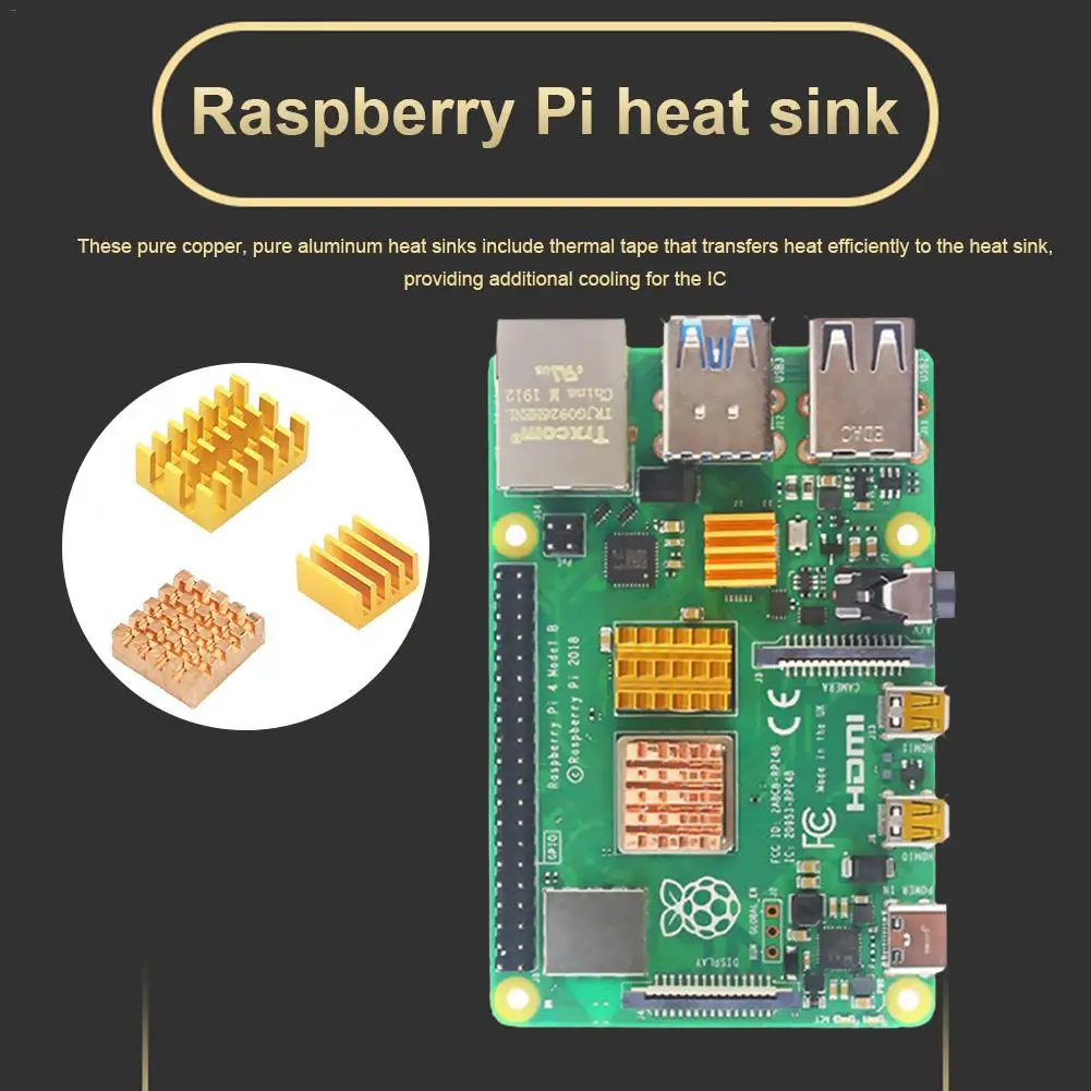 3PCS For Raspberry Pi 4B Heat Sink With Adhesive 3PCS Raspberry Pi 4B 1 Copper 2 Aluminum Gold Radiator Cooler Kit