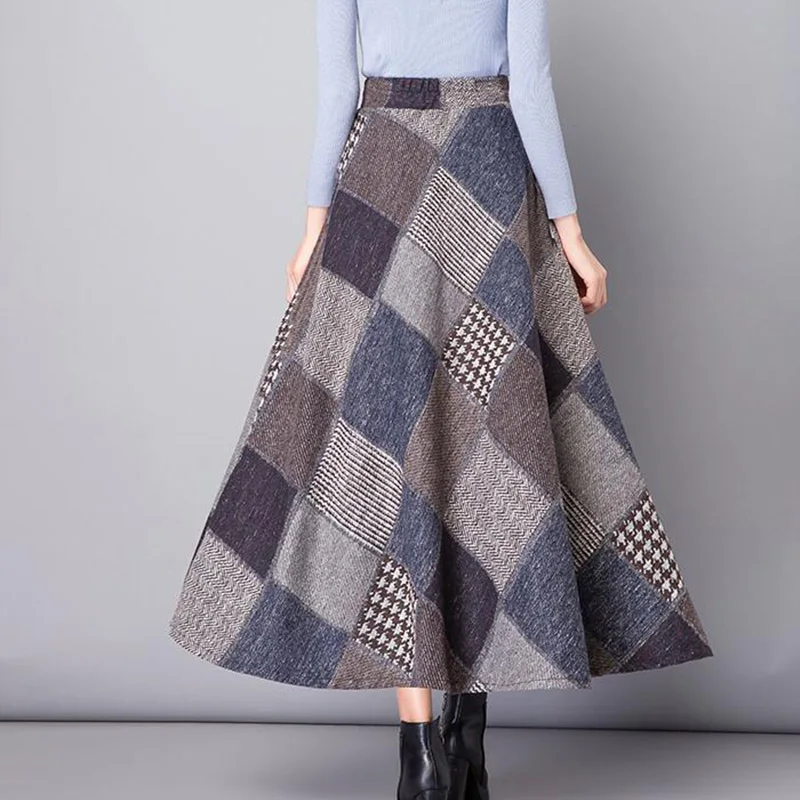 

2019 Autumn Winter Plaid Women Long Skirts High Waist Woolen Warm Office Lady Skirt Fashion Elegant A Line Maxi Clothes Female