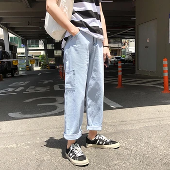 

Hong Kong style jeans men's Korean fashion brand Harlan wide leg pants hip-hop loose casual straight ankle-length pants