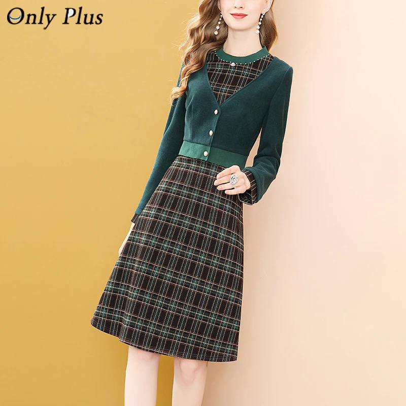 Only Plus 2021 Women Winter Dress Woolen Warm Casual Slim Patchwork Green Dresses Long SLeeve O-Neck Plaid Party New | Женская одежда
